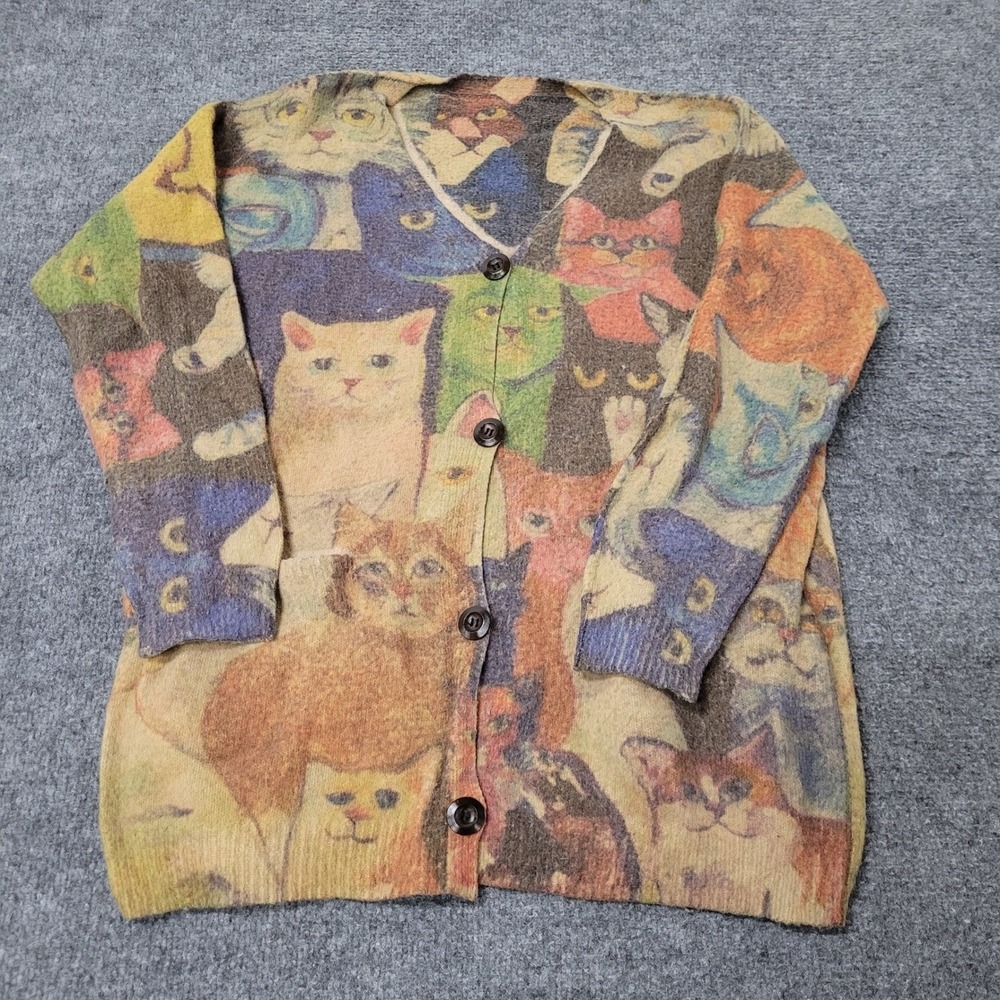 Unbranded Cardigan Womens Size M Multicolor Wool Blend Cat Graphic Knit Sweater